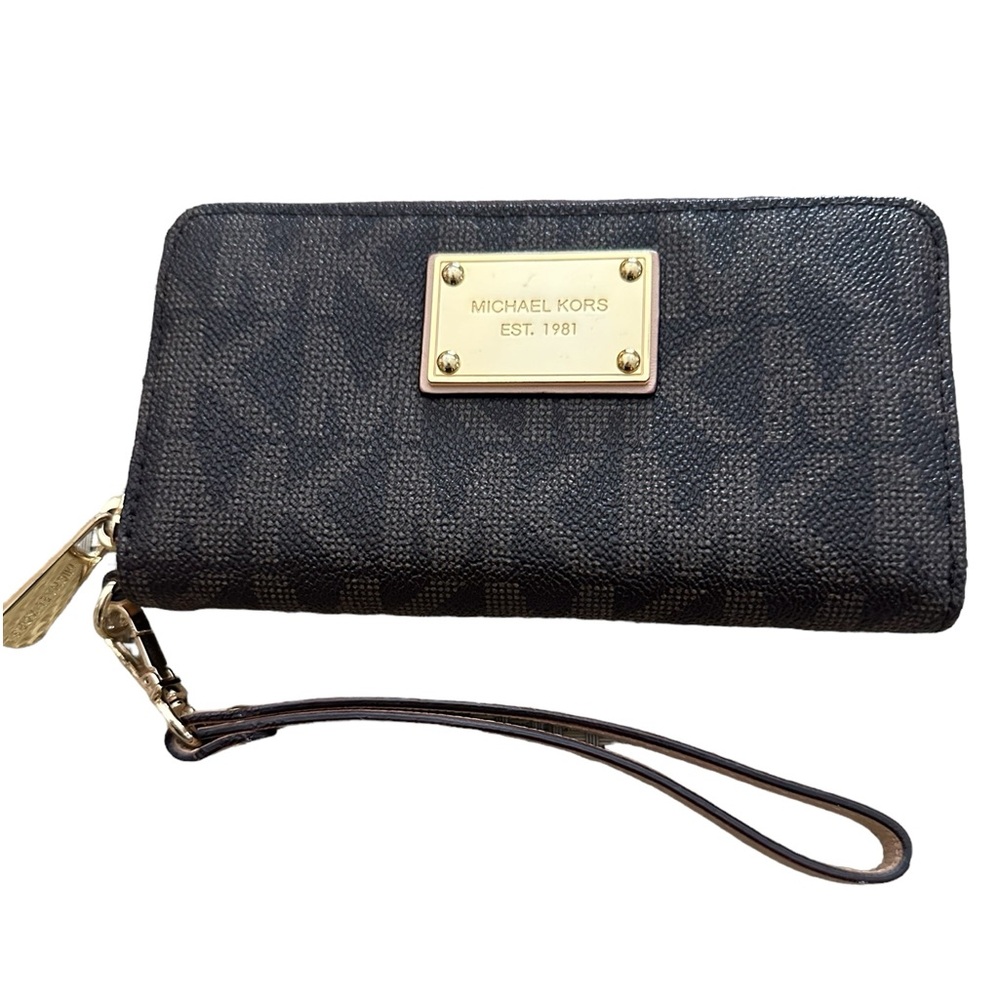 Michael Kors MK Brown Signature Jet Set  Zip Around Card Wallet Wristlet